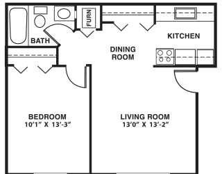 One bedroom 2D floor plan at Concord Place Apartments, Kalamazoo, MI